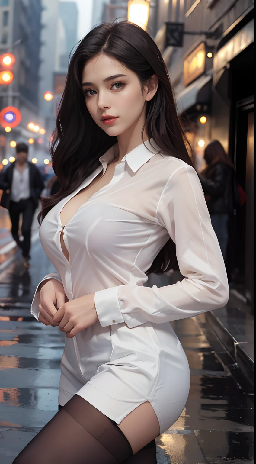 ((Realistic lighting, Best Quality, 8K, Masterpiece: 1.3)), Focus: 1.2, 1girl, Perfect Beauty: 1.4, Slim Abs: 1.1, (Big Breasts), (White Shirt: 1.4), (Outdoor, Night: 1.1), City Street, Super Fine Face, Fine Eyes, Double Eyelids, (Over the Knee Black Stockings: 1.5), (Wet in the Rain, Wet: 1.2)
