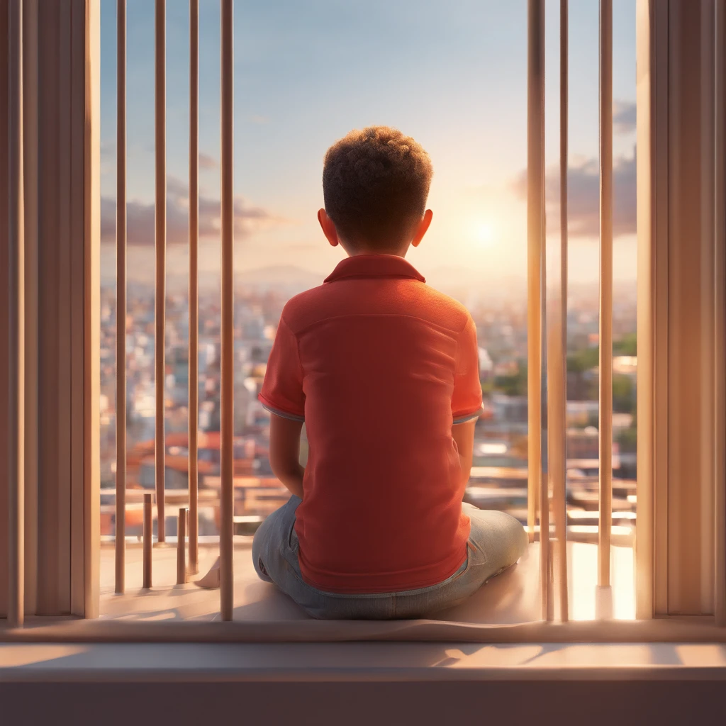 A boy who's looking out the window, Shutterstock, soft light through blinds, uma madeira, Trem LONGE, Behind bars, hunched over, janela externa do bairro, Foto de Stock, reconfortante, window into space behind them, 3 4 5 3 1, close up angle, pessoas assistindo ao redor, retrato do pequeno, luz suave do lado, olhando na frente