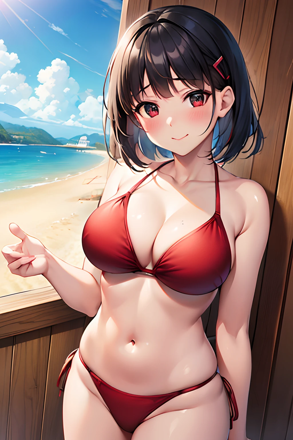 Best Quality, High resolution, Unity 8k壁纸, (Illustration:0.8), Perfect Lighting, extremely details CG, (Perfect hands, Perfect Anatomy),masutepiece, Best Quality, hight resolution, nffsw, Short hair, hair clips, Large breasts,  embarrassed, Blushing, A smile,  Looking at Viewer,  (Red bikini:1.3)、(the beach:1.3)、