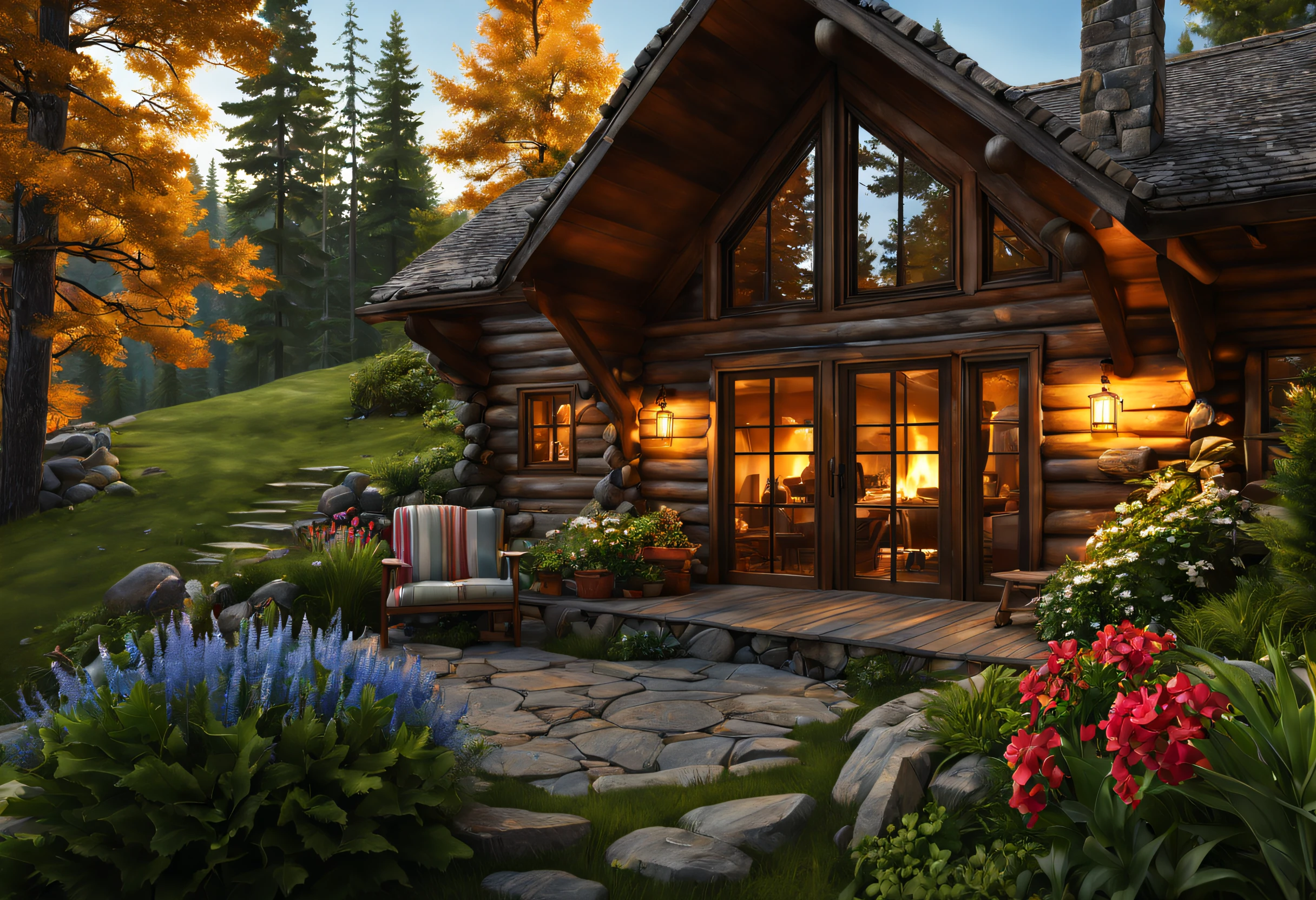 (best quality,4k,8k,highres,masterpiece:1.2),ultra-detailed,(realistic,photorealistic,photo-realistic:1.37),Mountain Cabin,cozy cabin,wooden cabin surrounded by mountains,serene atmosphere,great attention to detail,peaceful setting,panoramic view of the mountains and forest,secluded location,large windows with breathtaking views,quaint and rustic design,smoke coming out of the chimney,warm and inviting ambiance,crackling fireplace,comfy furniture,soft and warm lighting,tranquil colors,natural materials,wood paneling,beautifully landscaped garden with colorful flowers and plants,clear blue sky,fresh air,gentle breeze,rustling leaves,quietude and serenity,hiking trails,nature exploration,adventure,hideaway,escape from the busy city life,perfect place for relaxation and meditation.