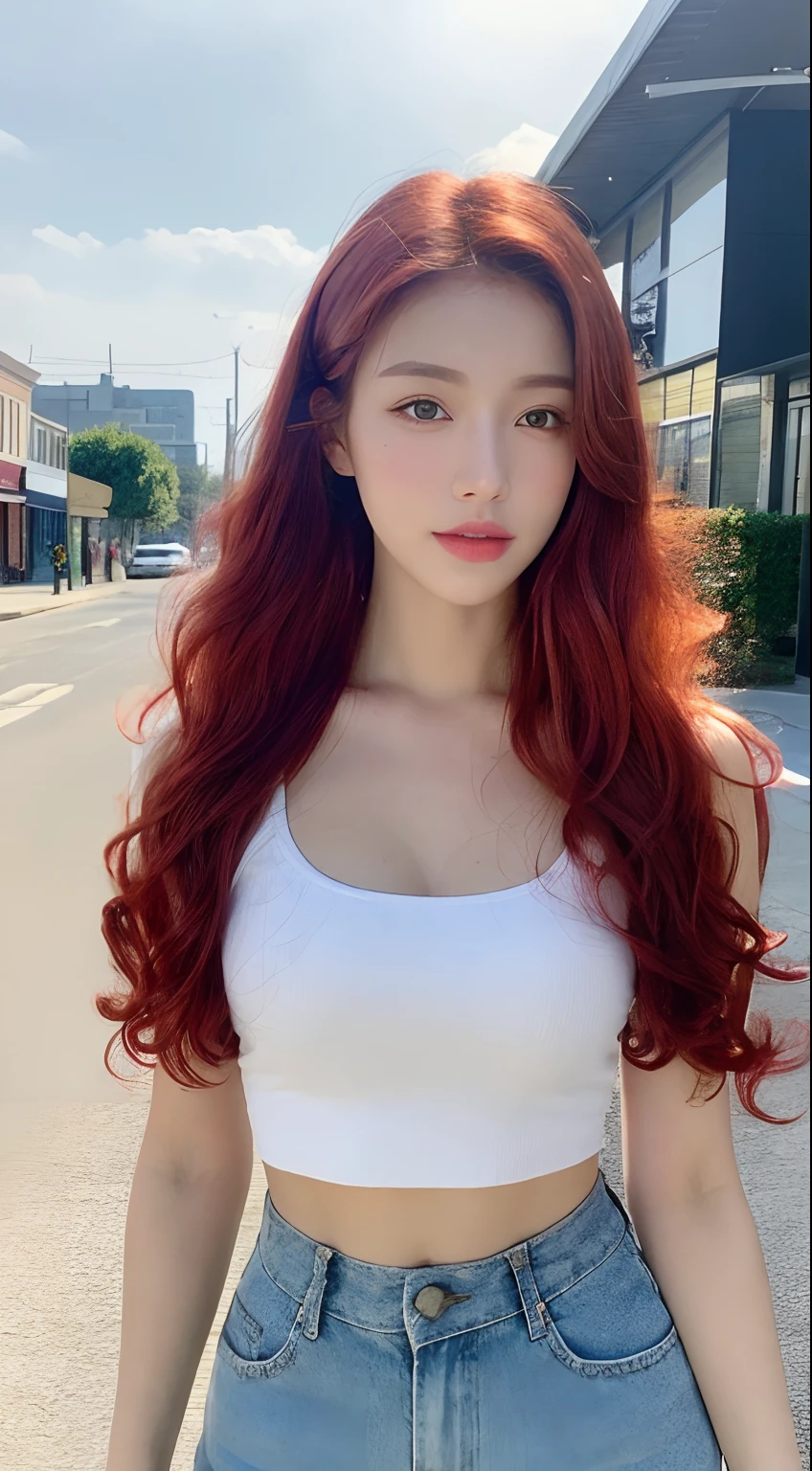 ((Realistic lighting, Best quality, 8K, Masterpiece: 1.3)), Clear focus: 1.2, 1girl, Perfect body beauty: 1.4, Slim abs: 1.1, ((Red hair, Milk: 1.3)), cowgirl pose, (Outdoor, daytime: 1.1), country street, super fine face, fine eyes, double eyelids, curly hair, fair skin