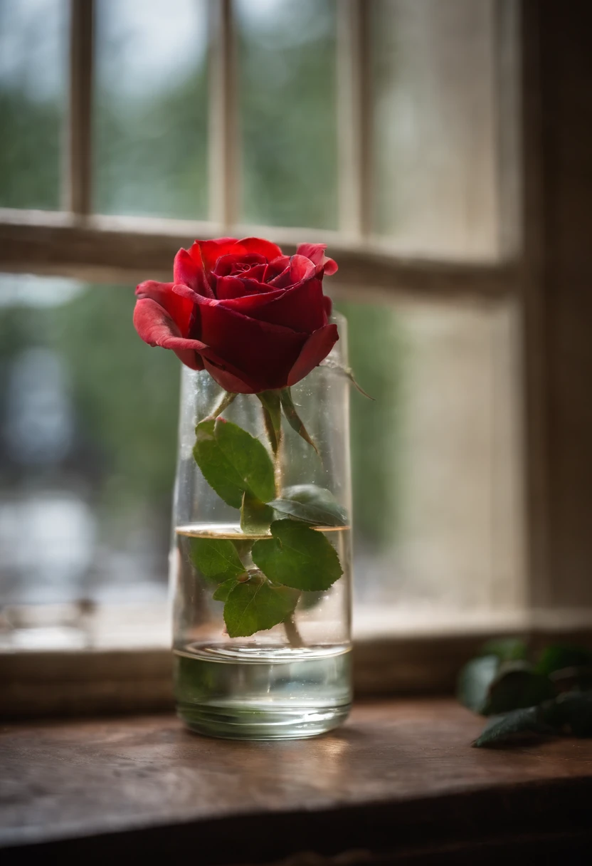 1 rose in a glass beaker, a closeup of a, A cloudy day, ray of light, window, Blurred background with bokeh, higly detailed, A hyper-realistic,