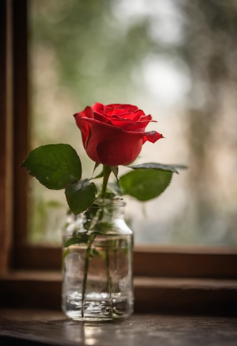1 rose in a glass beaker, a closeup of a, A cloudy day, ray of light, window, Blurred background with bokeh, higly detailed, A hyper-realistic,