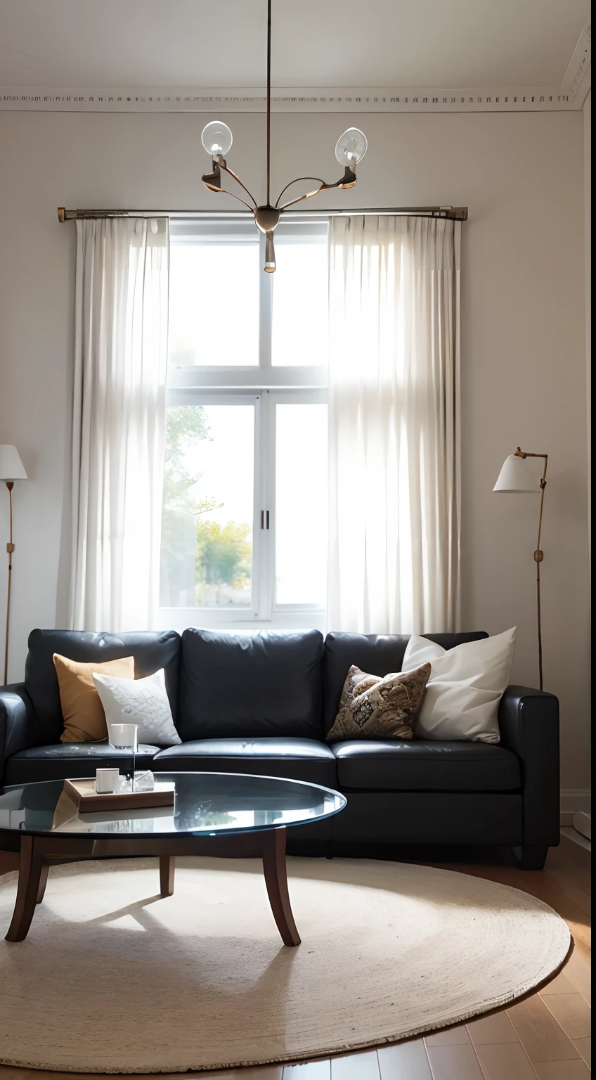 tmasterpiece，best qualtiy，（（best qualtiy）），（tmasterpiece），（realisticlying）（Bright colors：1.2），symetrical composition,Bright tones，No Man，Living room
White walls and wooden floors,In the middle is a black fabric sofa,In front is a glass coffee table。There is a simple clock hanging on the wall,The floor is covered with a round brown carpet。The curtains are white tulle,Sunlight shines through the window,Illuminates the entire space。，Fundo sala de estar