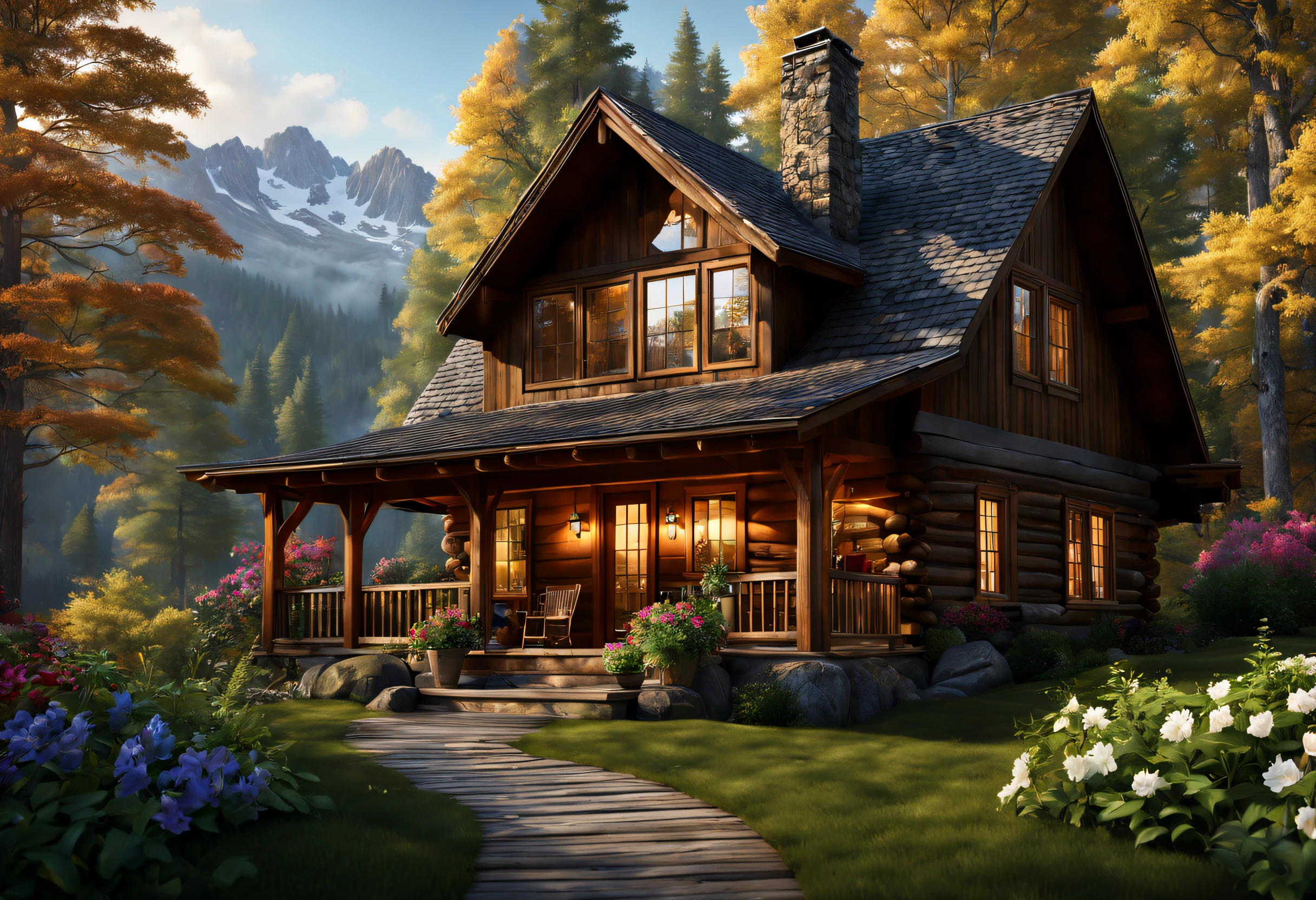 (best quality,4k,8k,highres,masterpiece:1.2),ultra-detailed,(realistic,photorealistic,photo-realistic:1.37),Mountain Cabin,cozy cabin,wooden cabin surrounded by mountains,serene atmosphere,great attention to detail,peaceful setting,panoramic view of the mountains and forest,secluded location,large windows with breathtaking views,quaint and rustic design,smoke coming out of the chimney,warm and inviting ambiance,crackling fireplace,comfy furniture,soft and warm lighting,tranquil colors,natural materials,wood paneling,beautifully landscaped garden with colorful flowers and plants,clear blue sky,fresh air,gentle breeze,rustling leaves,quietude and serenity,hiking trails,nature exploration,adventure,hideaway,escape from the busy city life,perfect place for relaxation and meditation.