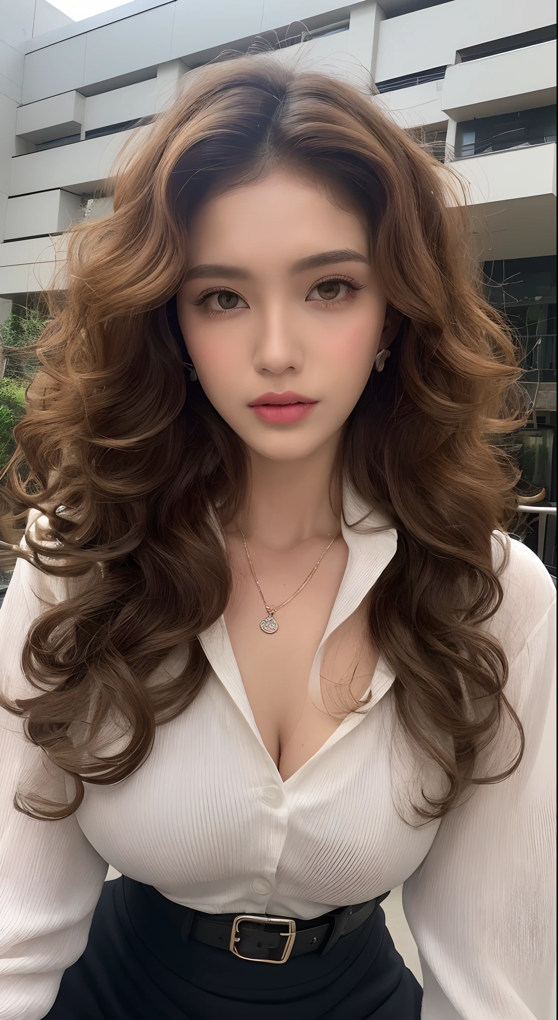 (Best quality, high resolution, masterpiece: 1.3), a tall and beautiful woman, slender abs, ((Random Diva Hairstyle) ((Brown Wavy Hair In Big Curls)), large breasts, open furrows, wearing a pendant, white buttoned shirt, belt, black skirt, (modern architecture in the background), beautifully presented details in the facial and skin texture, detailed eyes, double eyelids, large breasts, open grooves, open umbilicus, kneeling,