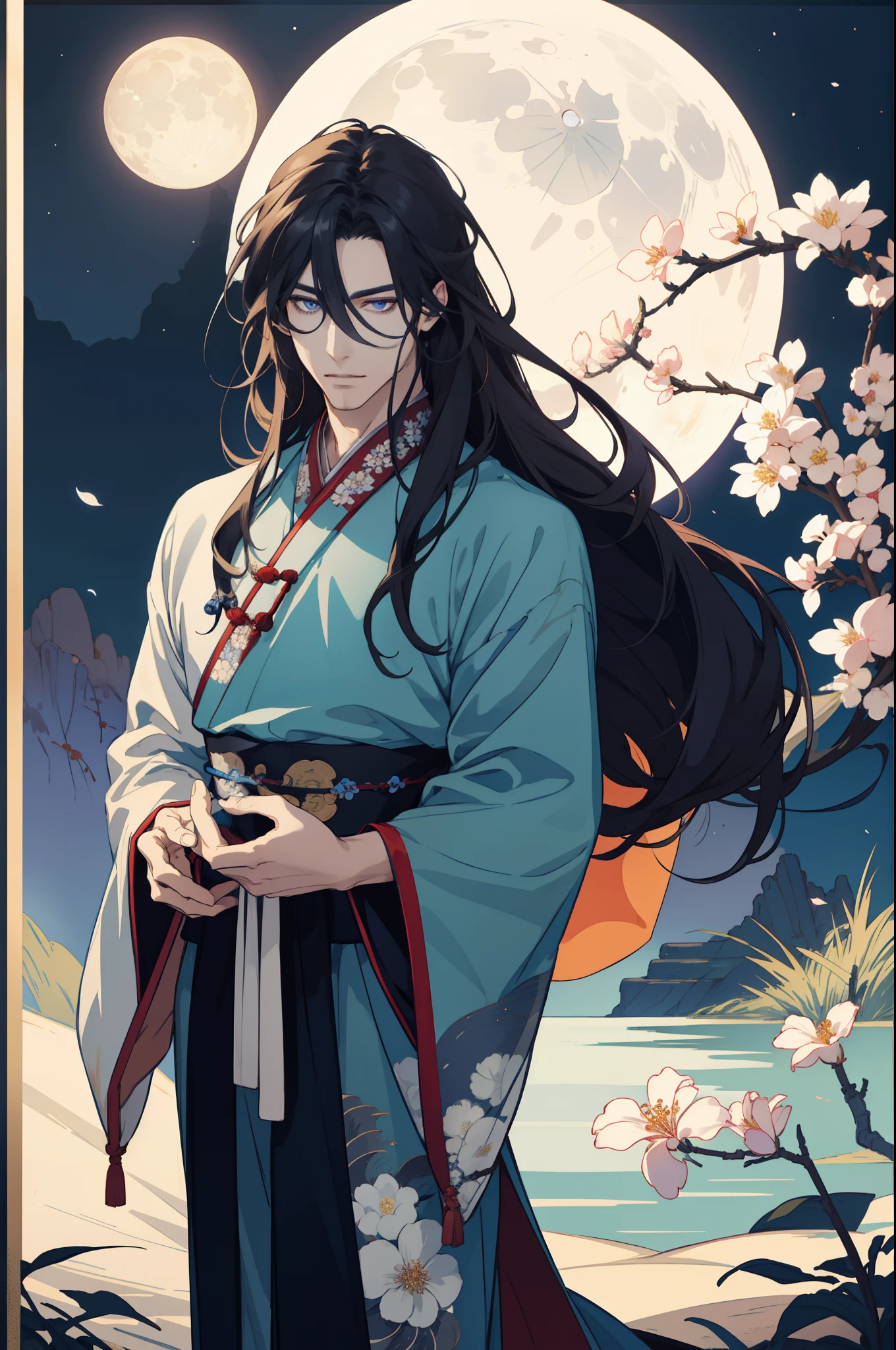 Two men...., Attractive, Lovers, finely detailed eyes and detailed face, long-haired, Fantasy, Spectacular background, Flapping flowers, moon light, Wear traditional Hanfu, Fantasy