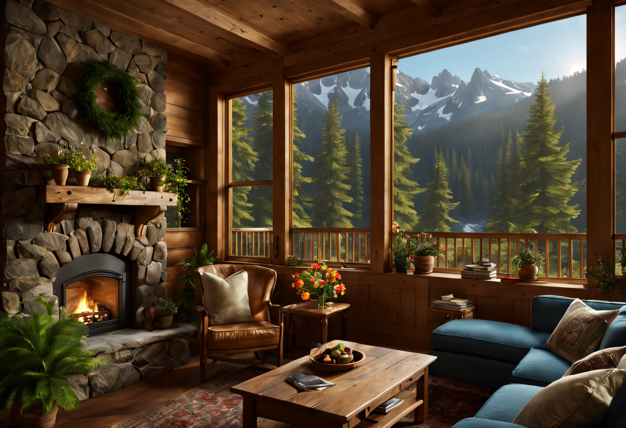 (best quality,4k,8k,highres,masterpiece:1.2),ultra-detailed,(realistic,photorealistic,photo-realistic:1.37),Mountain Cabin,cozy cabin,wooden cabin surrounded by mountains,serene atmosphere,great attention to detail,peaceful setting,panoramic view of the mountains and forest,secluded location,large windows with breathtaking views,quaint and rustic design,smoke coming out of the chimney,warm and inviting ambiance,crackling fireplace,comfy furniture,soft and warm lighting,tranquil colors,natural materials,wood paneling,beautifully landscaped garden with colorful flowers and plants,clear blue sky,fresh air,gentle breeze,rustling leaves,quietude and serenity,hiking trails,nature exploration,adventure,hideaway,escape from the busy city life,perfect place for relaxation and meditation.