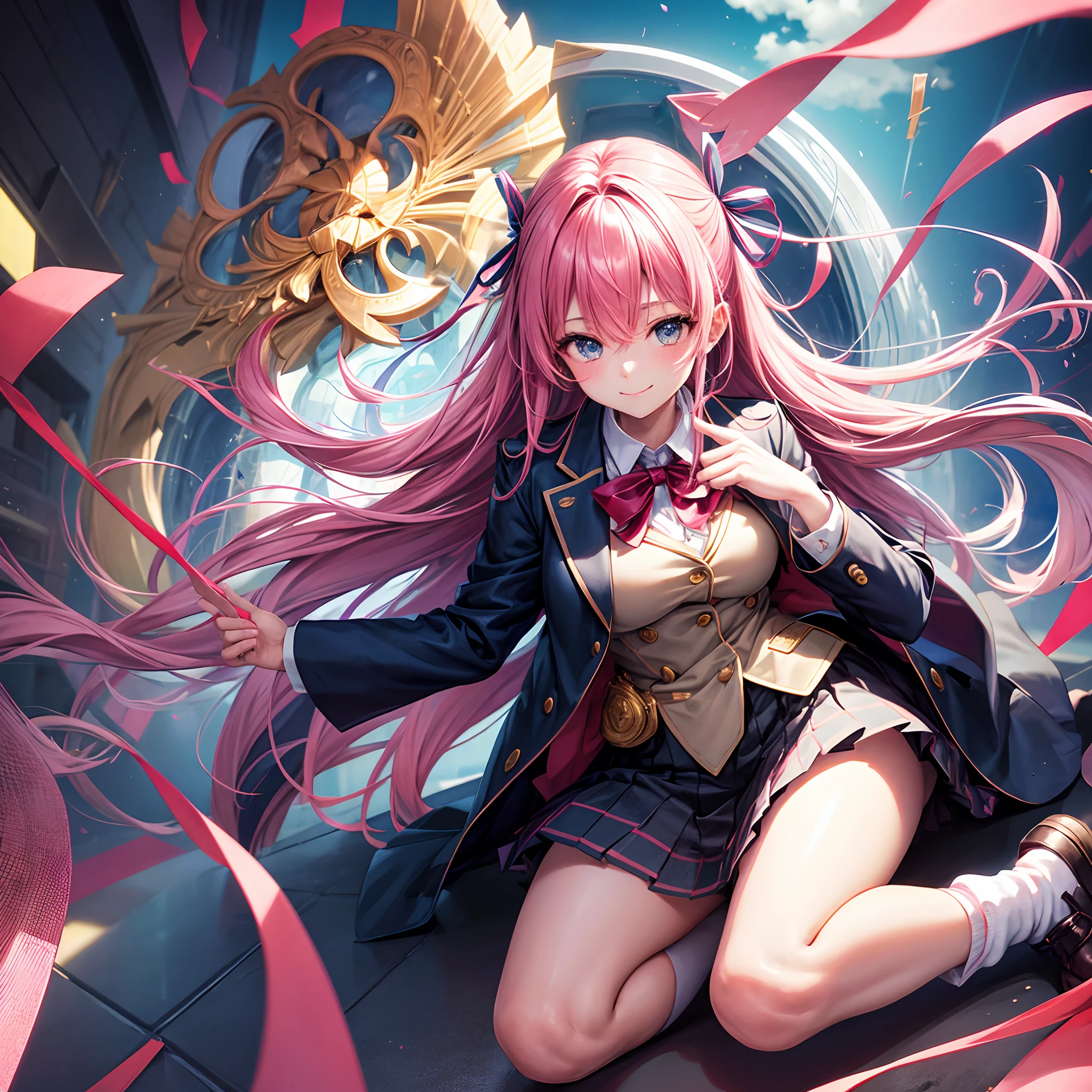 Beautiful beautiful girl with colorful hair，She is an angel，It's Yandere，A smile，​masterpiece，超A high resolution，Ribbon on uniform，Cute Blazer，beautiful a girl，Perfect Beautiful Girl，Excellent style，Loose socks，girl，