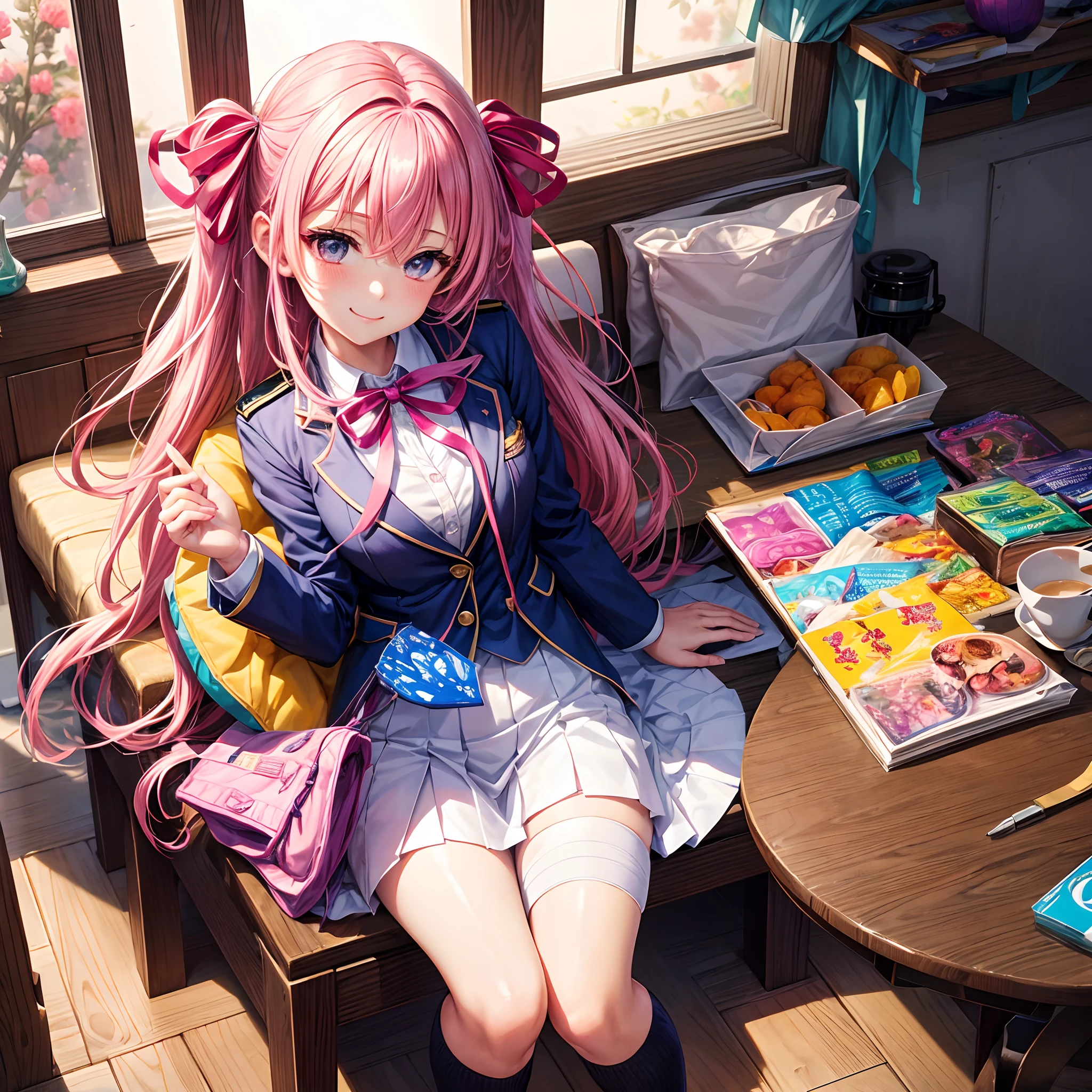 Beautiful beautiful girl with colorful hair,She is an angel,It's Yandere,A smile,masterpiece,超A high resolution,Ribbon on uniform,Cute Blazer,beautiful a girl,Perfect Beautiful Girl,Excellent style,Loose socks,girl,