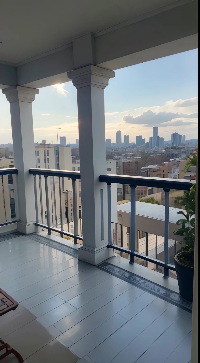 tmasterpiece,best qualtiy,((best qualtiy)),(tmasterpiece),(realisticlying)(Bright colors:1.2),symetrical composition,Bright tones,No Man,balcony
Choose a dark gray tone for the ground and railings,There are two white single rattan chairs in the corner。There are several pots of green rose plants next to the balcony,You can see the city skyline outside。,Fundo sala de estar