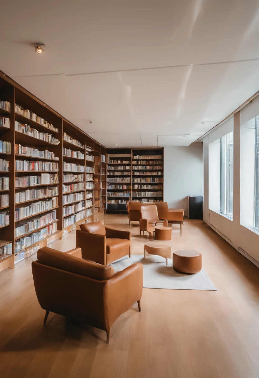 a lecture in a library,books stacked on wooden shelves,soft ambient lighting,cozy leather armchairs,people engrossed in the talk,notes and pens scattered on the table,a projector screen displaying informative slides,a knowledgeable speaker,serene atmosphere,muted colors and warm tones