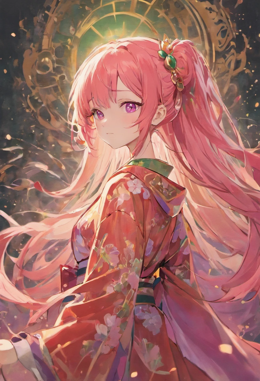 She is of average height with a slender and graceful figure. Her long, vibrant pink hair cascades down her back in soft waves. Her emerald-green eyes are bright and expressive, reflecting warmth and kindness. She often wears a traditional and elegant kimono that complements her gentle and caring demeanor.