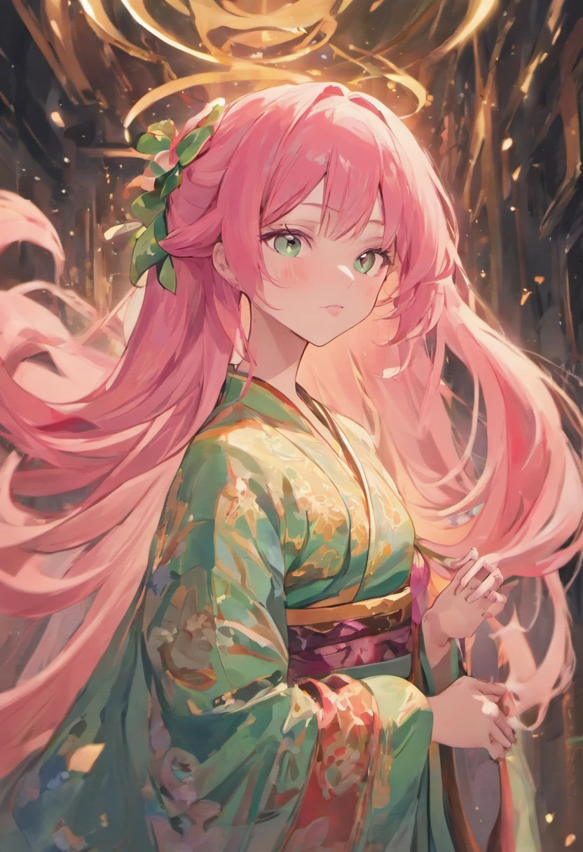 She is of average height with a slender and graceful figure. Her long, vibrant pink hair cascades down her back in soft waves. Her emerald-green eyes are bright and expressive, reflecting warmth and kindness. She often wears a traditional and elegant kimono that complements her gentle and caring demeanor.