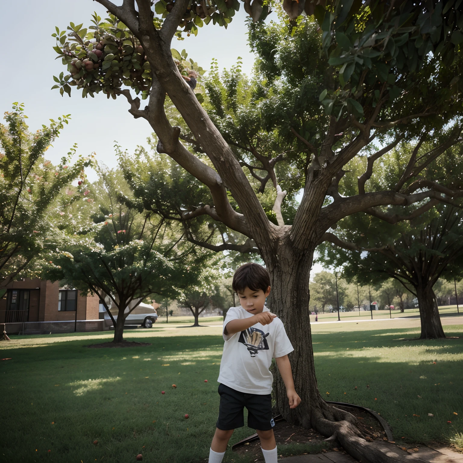 Boy playing with a huge big apple tree