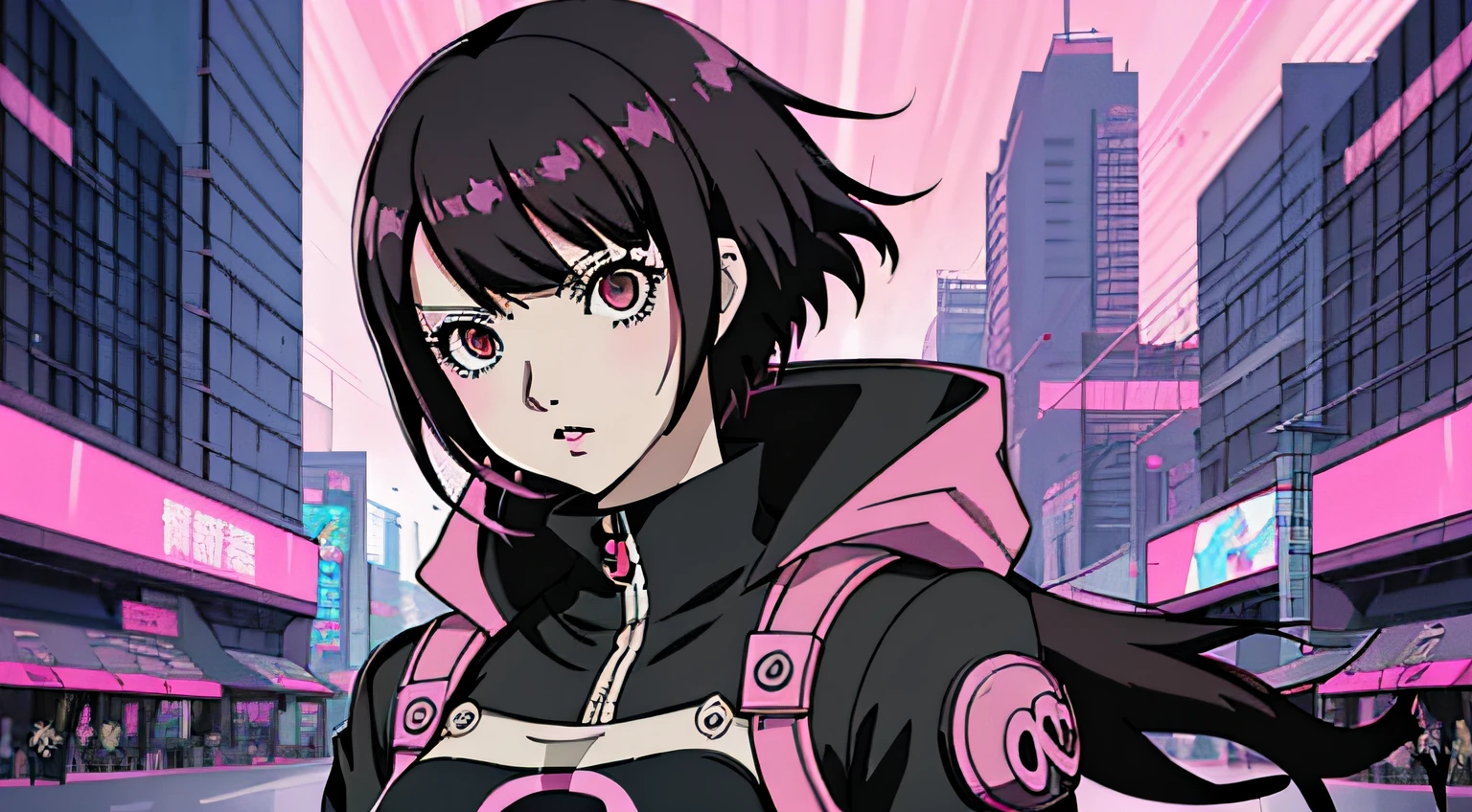 anime characters with pink background and black hair, best anime 4k konachan wallpaper, anime cyberpunk art, badass anime 8 k, e-girl, e - girl, anime style 4 k, digital art from danganronpa, cyberpunk anime art, kawacy, persona 5 art style wlop, neonpunk, digital cyberpunk anime art, anime cyberpunk