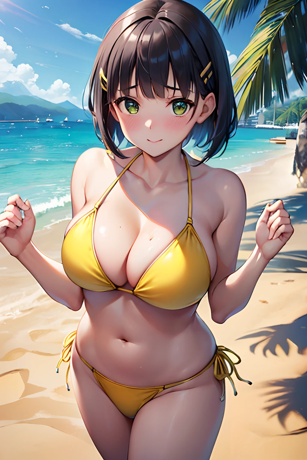 Best Quality, High resolution, Unity 8k壁纸, (Illustration:0.8), Perfect Lighting, extremely details CG, (Perfect hands, Perfect Anatomy),masutepiece, Best Quality, hight resolution, nffsw, Short hair, hair clips, Large breasts,  embarrassed, Blushing, A smile,  Looking at Viewer,  (Yellow Bikini:1.3)、(the beach:1.3)、