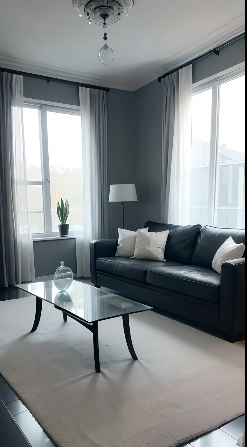 tmasterpiece,best qualtiy,((best qualtiy)),(tmasterpiece),(realisticlying)(Bright colors:1.2),symetrical composition,Bright tones,No Man,Simple lines and large areas of white walls create the brightness of the space。Above dark gray carpet strips,It is a combination of a gray cloth sofa for three and a glass coffee table。Curtains are black and white panes,Sunlight shines through it,Form a pattern on the ground。A few pots of greenery were placed in front of the window,The interior of the house is decorated in black、blanche、Grey predominantly。,Fundo sala de estar