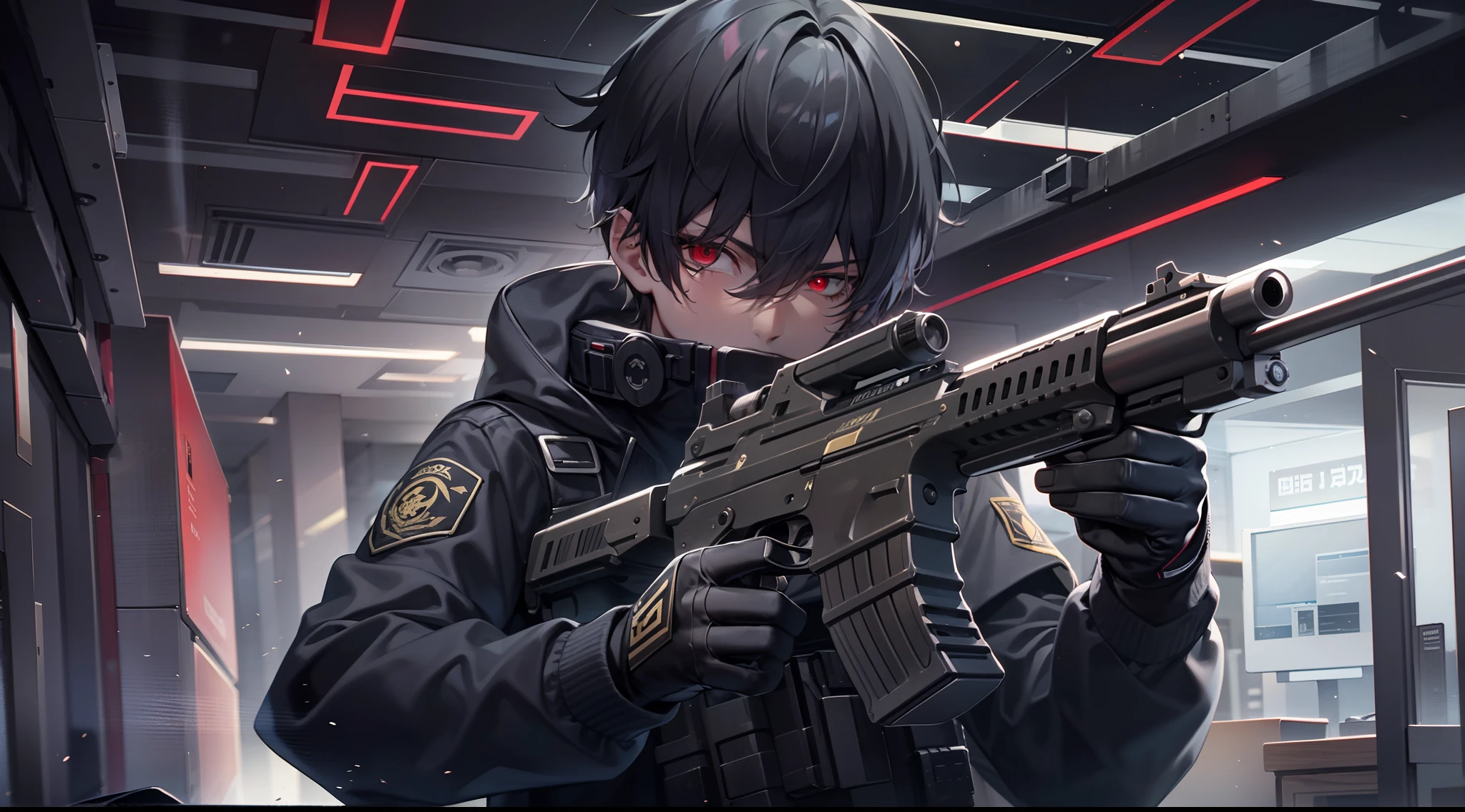 1 boy, attractive boy, handgun, in the dark office building, black clothes, special operations, special force, cinematic action, dynamic entry, looking enemy, red eyes