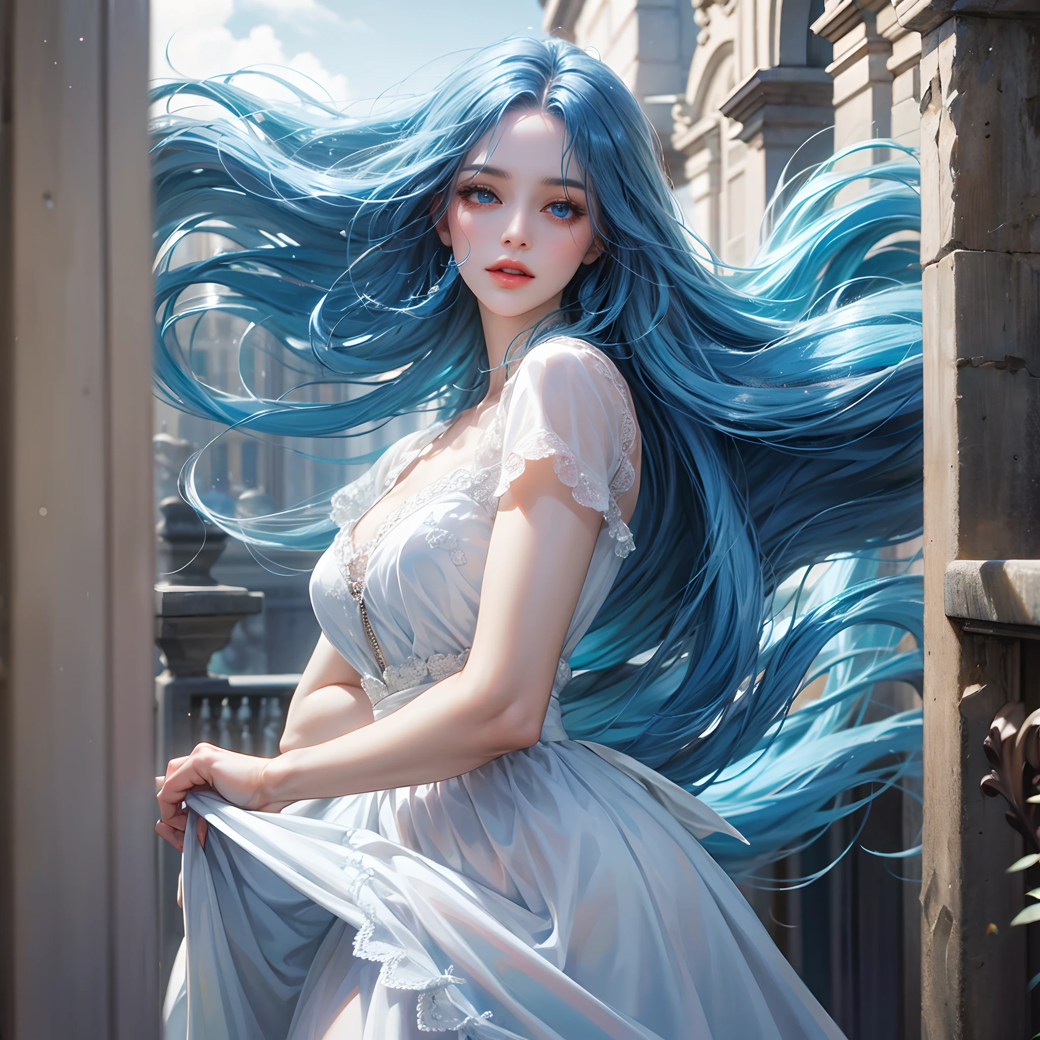 a women, blue hair, blue eyes, white dress
