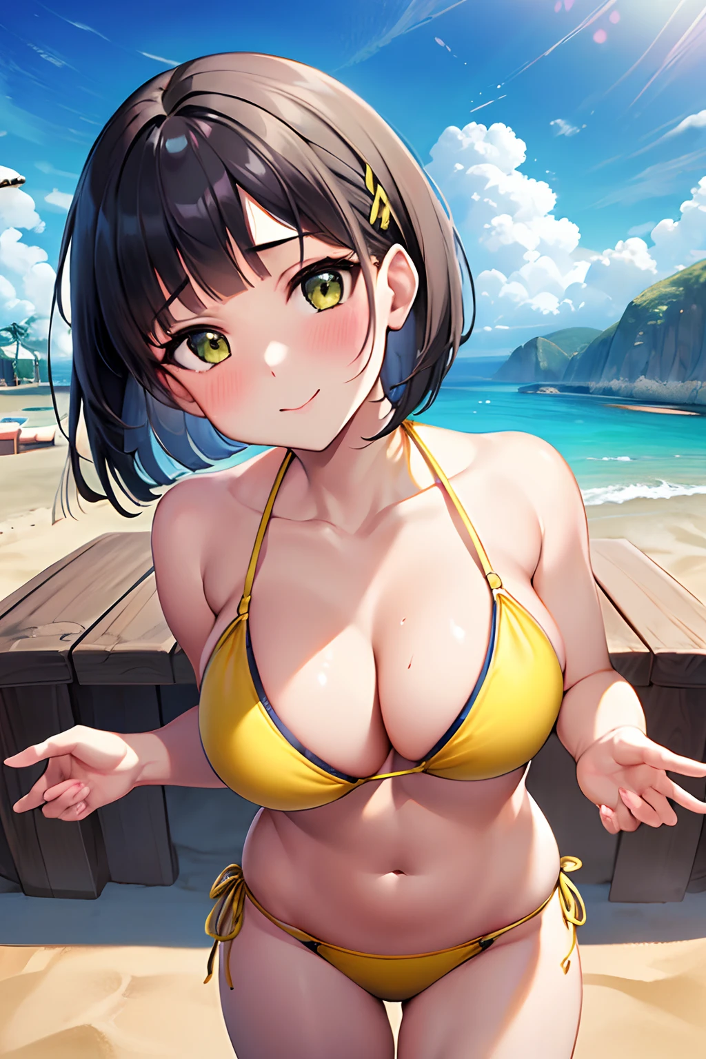 Best Quality, High resolution, Unity 8k壁纸, (Illustration:0.8), Perfect Lighting, extremely details CG, (Perfect hands, Perfect Anatomy),masutepiece, Best Quality, hight resolution, nffsw, Short hair, hair clips, Large breasts,  embarrassed, Blushing, A smile,  Looking at Viewer,  (Yellow Bikini:1.3)、(the beach:1.3)、