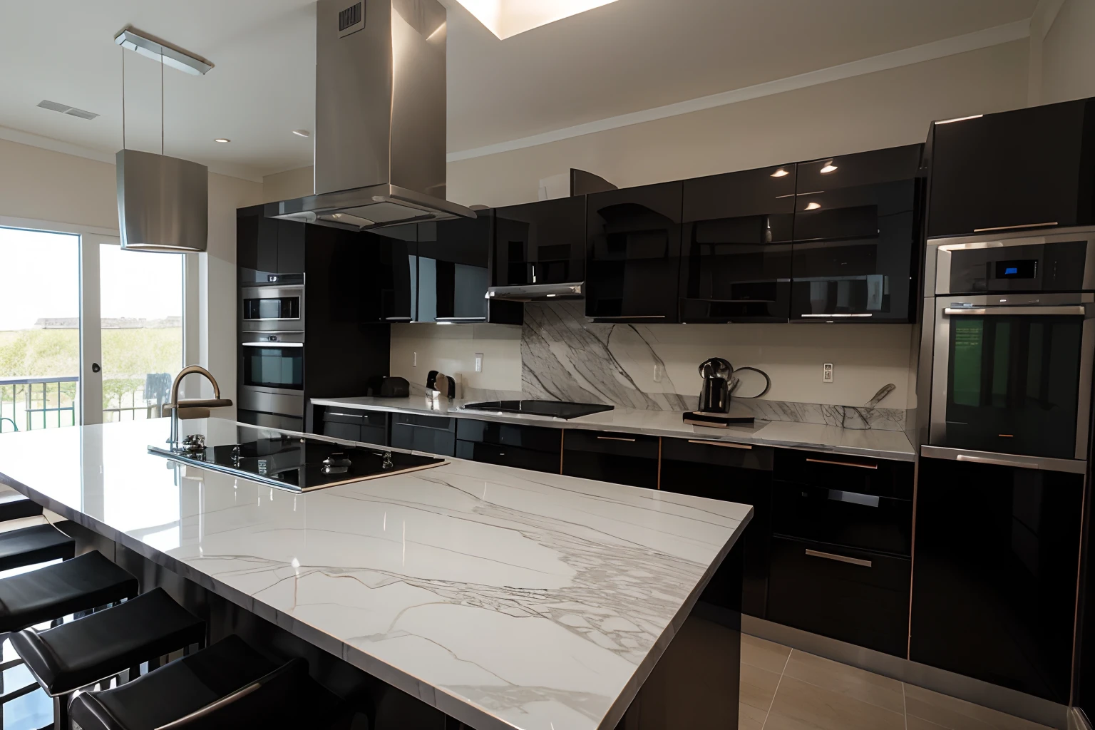 modern kitchen with black marmor. high delails. no blurry.