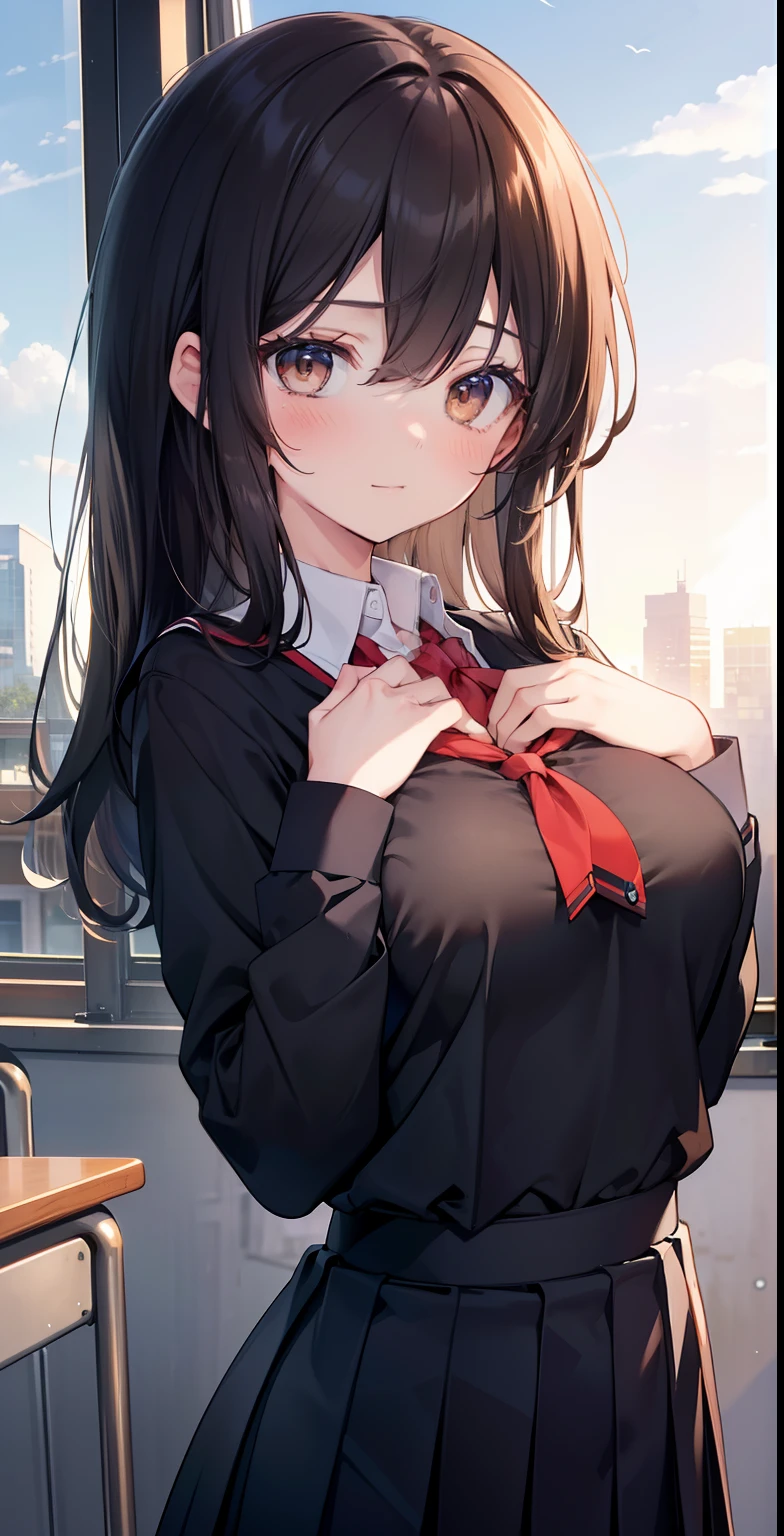 Anime girl with long hair and a red tie standing in front of a window ...
