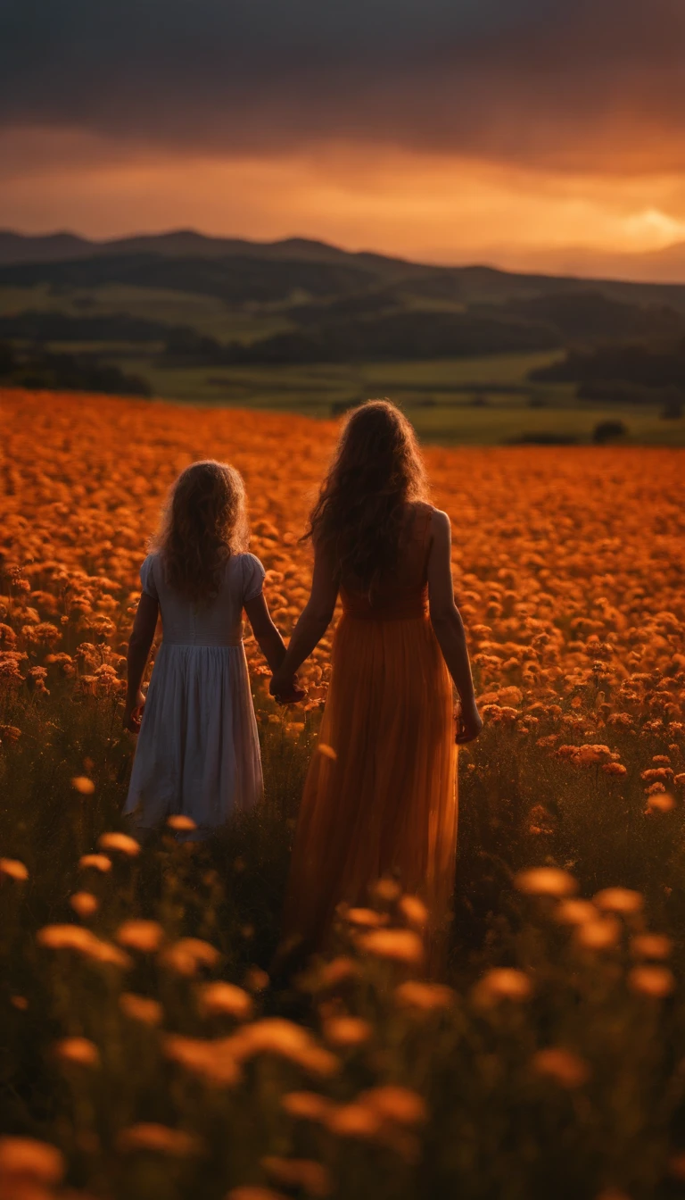 Uma foto de paisagem ampla (vista de baixo, The sky is above and the open field is below), Mother and daughter holding hands standing in a field of flowers looking up (lua cheia: 1,2), (meteoro: 0,9), (nebulosa: 1,3 ), montanhas distantes , Árvores BREAK Crafting Art, (Luz Quente: 1.2), (Vaga-lume: 1.2), Luzes, Muito Roxo e Laranja, Detalhes Intrincados, volumetric lighting BREAK (Obra-prima: 1.2), (Melhor Qualidade), 4k, Ultra Detalhado, (dynamic compositing: 1.4), Rico em Detalhes e Cor, (rainbow color: 1.2), (Brilho, Atmospheric Illumination), Sonhador, magica, (Solo: 1.2)