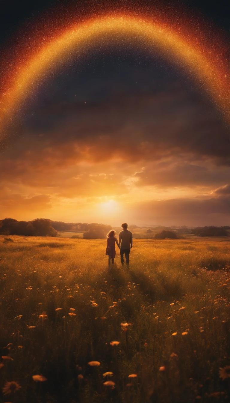 Uma foto de paisagem ampla (vista de baixo, The sky is above and the open field is below), Mother and daughter holding hands standing in a field of flowers looking up (lua cheia: 1,2), (meteoro: 0,9), (nebulosa: 1,3 ), montanhas distantes , Árvores BREAK Crafting Art, (Luz Quente: 1.2), (Vaga-lume: 1.2), Luzes, Muito Roxo e Laranja, Detalhes Intrincados, volumetric lighting BREAK (Obra-prima: 1.2), (Melhor Qualidade), 4k, Ultra Detalhado, (dynamic compositing: 1.4), Rico em Detalhes e Cor, (rainbow color: 1.2), (Brilho, Atmospheric Illumination), Sonhador, magica, (Solo: 1.2)