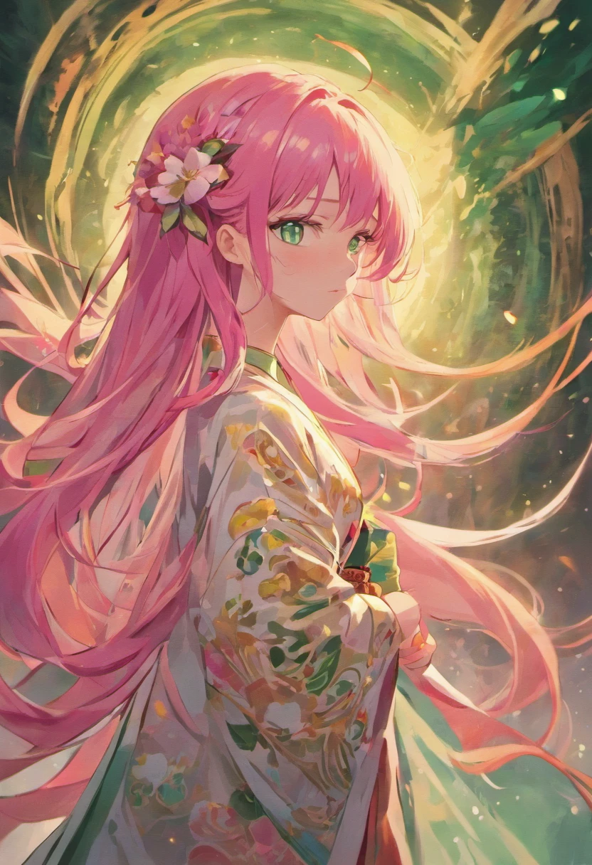 She is of average height with a slender and graceful figure. Her long, vibrant pink hair cascades down her back in soft waves. Her emerald-green eyes are bright and expressive, reflecting warmth and kindness. She often wears a traditional and elegant kimono that complements her gentle and caring demeanor.