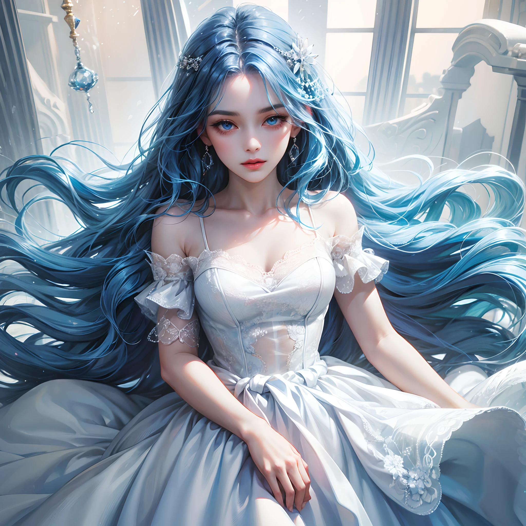 a women, blue hair, blue eyes, white dress