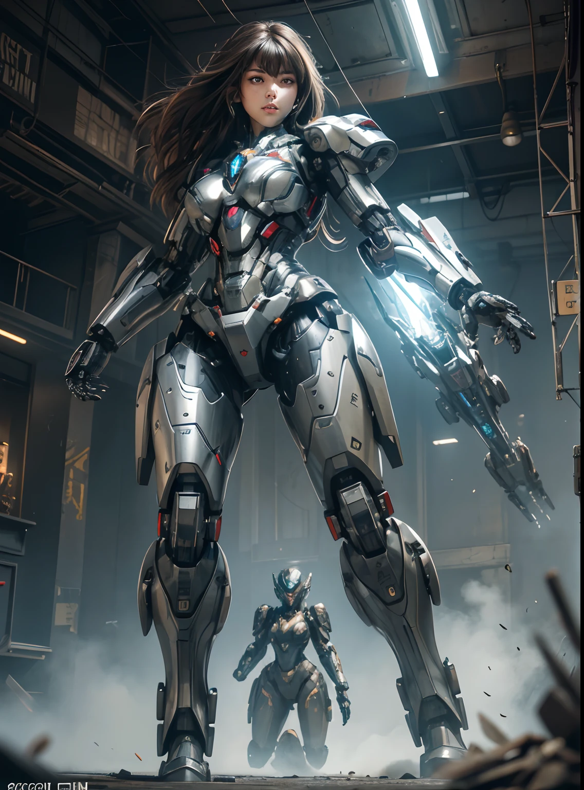 Textured skin, Super Detail, high details, High quality, Best Quality, hight resolution, 1080p, hard disk, Beautiful,(War Machine),2 females,beautiful cyborg woman,Mecha Cyborg Girl,Battle Mode,Girl with a Mecha Body,She wears a futuristic war machine weapon mech,Fulll body Shot