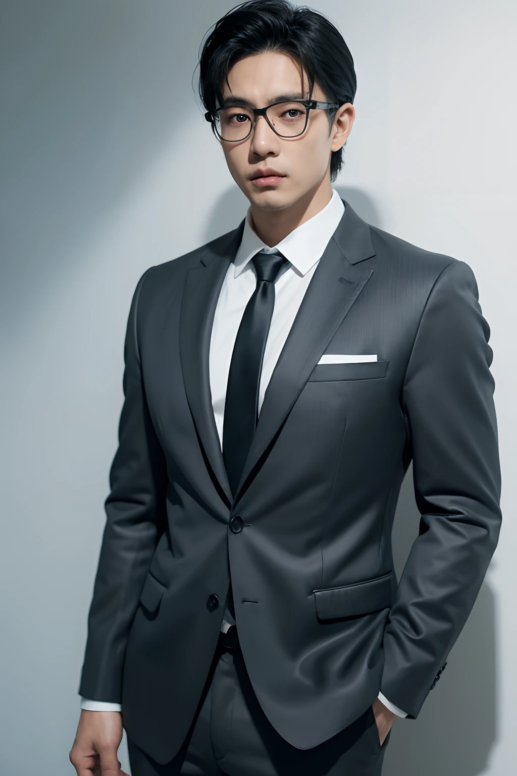 An Asian man in a gray suit wears rimless glasses，White shirt, Black suit, Blue tie，white backgrounid，Posing for a photo，frontal photos，Realistic style，Minimalism is popular，Grotesque and realistic，siya oum，strong facial expression，Light white and dark red sticker vector，a screenshot：Hannah Kawahiro，Kawaii comics, Nikon D850，2D animation of rough edges，Aries Morros，Intense expression