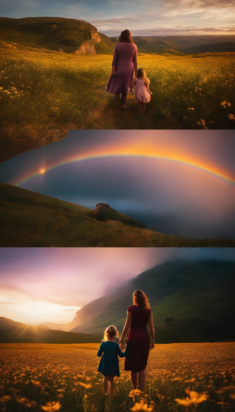 Uma foto de paisagem ampla (vista de baixo, The sky is above and the open field is below), Mother and daughter holding hands standing in a field of flowers looking up (lua cheia: 1,2), (meteoro: 0,9), (nebulosa: 1,3 ), montanhas distantes , Árvores BREAK Crafting Art, (Luz Quente: 1.2), (Vaga-lume: 1.2), Luzes, Muito Roxo e Laranja, Detalhes Intrincados, volumetric lighting BREAK (Obra-prima: 1.2), (Melhor Qualidade), 4k, Ultra Detalhado, (dynamic compositing: 1.4), Rico em Detalhes e Cor, (rainbow color: 1.2), (Brilho, Atmospheric Illumination), Sonhador, magica, (Solo: 1.2)