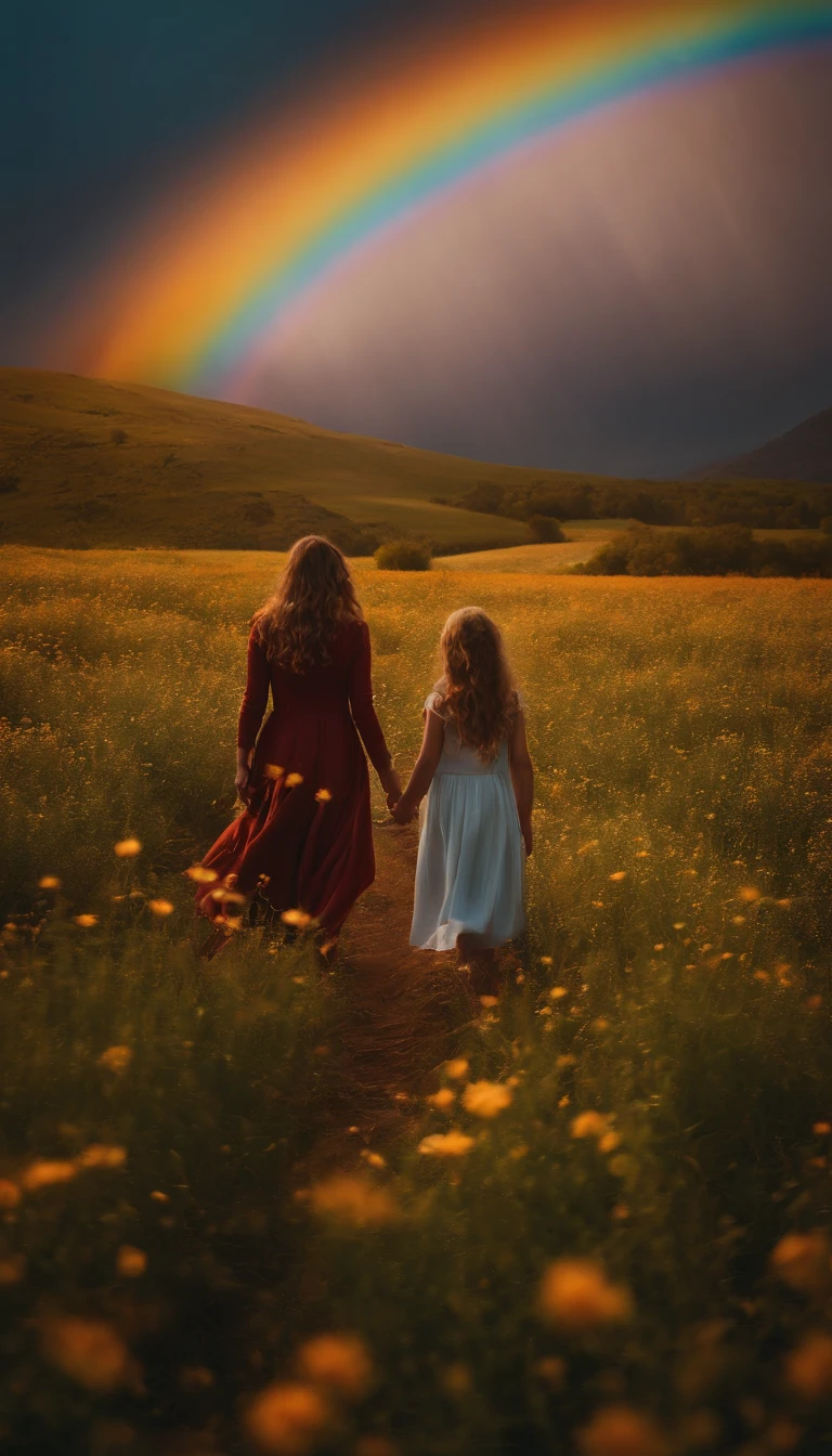Uma foto de paisagem ampla (vista de baixo, The sky is above and the open field is below), Mother and daughter holding hands standing in a field of flowers looking up (lua cheia: 1,2), (meteoro: 0,9), (nebulosa: 1,3 ), montanhas distantes , Árvores BREAK Crafting Art, (Luz Quente: 1.2), (Vaga-lume: 1.2), Luzes, Muito Roxo e Laranja, Detalhes Intrincados, volumetric lighting BREAK (Obra-prima: 1.2), (Melhor Qualidade), 4k, Ultra Detalhado, (dynamic compositing: 1.4), Rico em Detalhes e Cor, (rainbow color: 1.2), (Brilho, Atmospheric Illumination), Sonhador, magica, (Solo: 1.2)