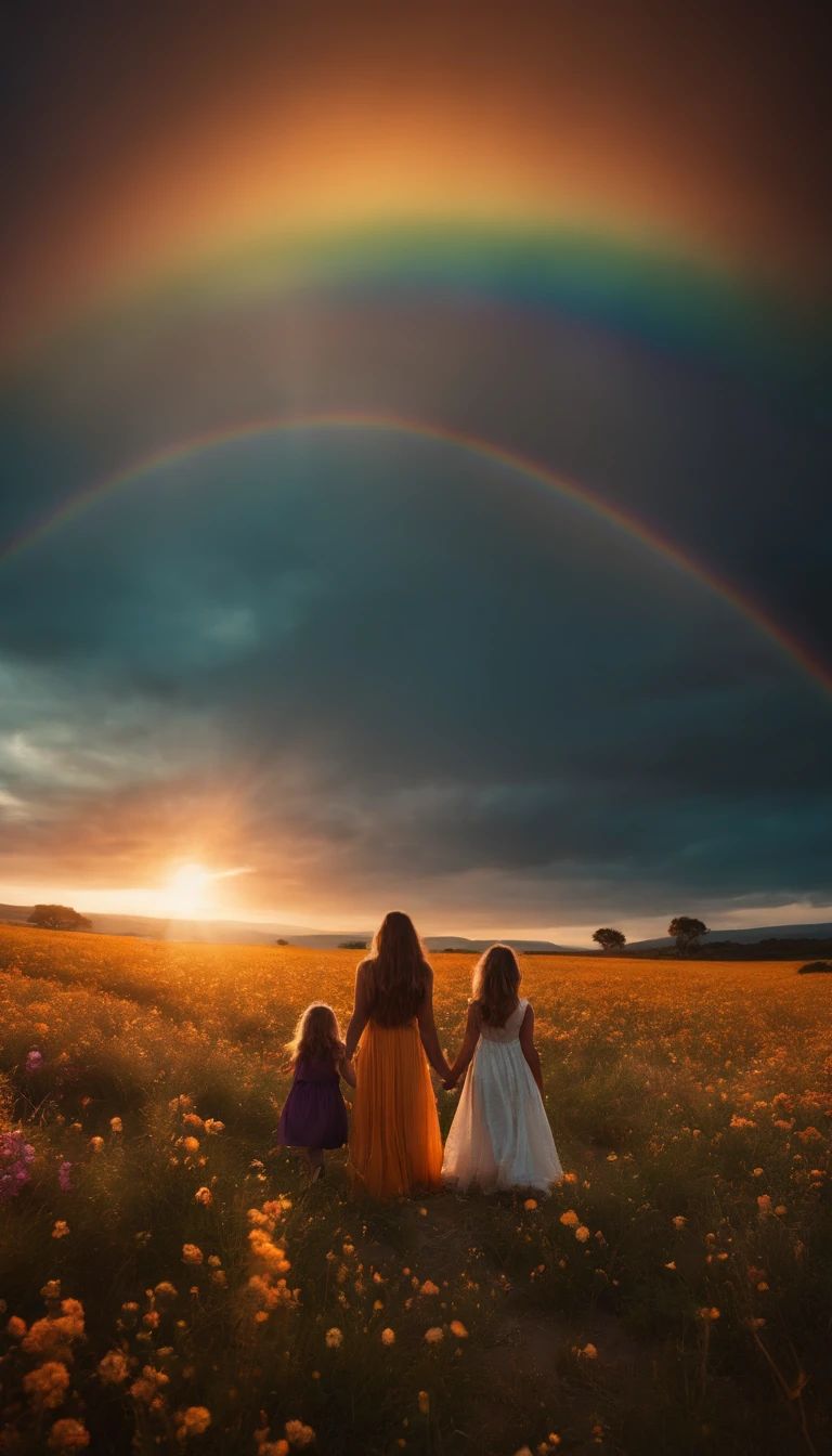Uma foto de paisagem ampla (vista de baixo, The sky is above and the open field is below), Mother and daughter holding hands standing in a field of flowers looking up (lua cheia: 1,2), (meteoro: 0,9), (nebulosa: 1,3 ), montanhas distantes , Árvores BREAK Crafting Art, (Luz Quente: 1.2), (Vaga-lume: 1.2), Luzes, Muito Roxo e Laranja, Detalhes Intrincados, volumetric lighting BREAK (Obra-prima: 1.2), (Melhor Qualidade), 4k, Ultra Detalhado, (dynamic compositing: 1.4), Rico em Detalhes e Cor, (rainbow color: 1.2), (Brilho, Atmospheric Illumination), Sonhador, magica, (Solo: 1.2)
