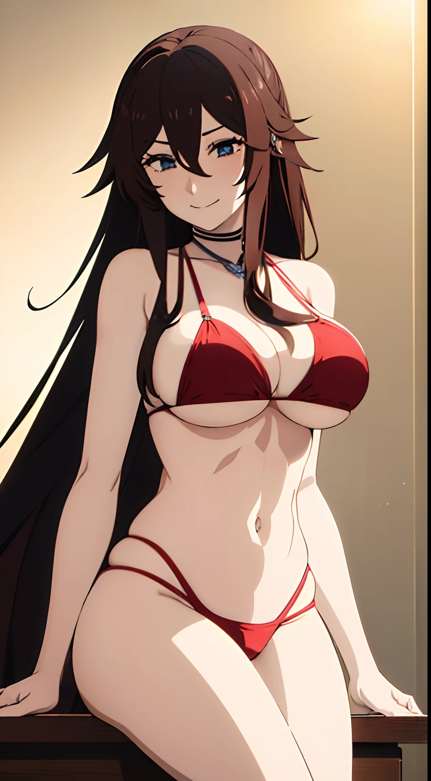 1 girl, long hair, big breasts, sexy body, smiling and blushing, wearing a bikini and an open shirt