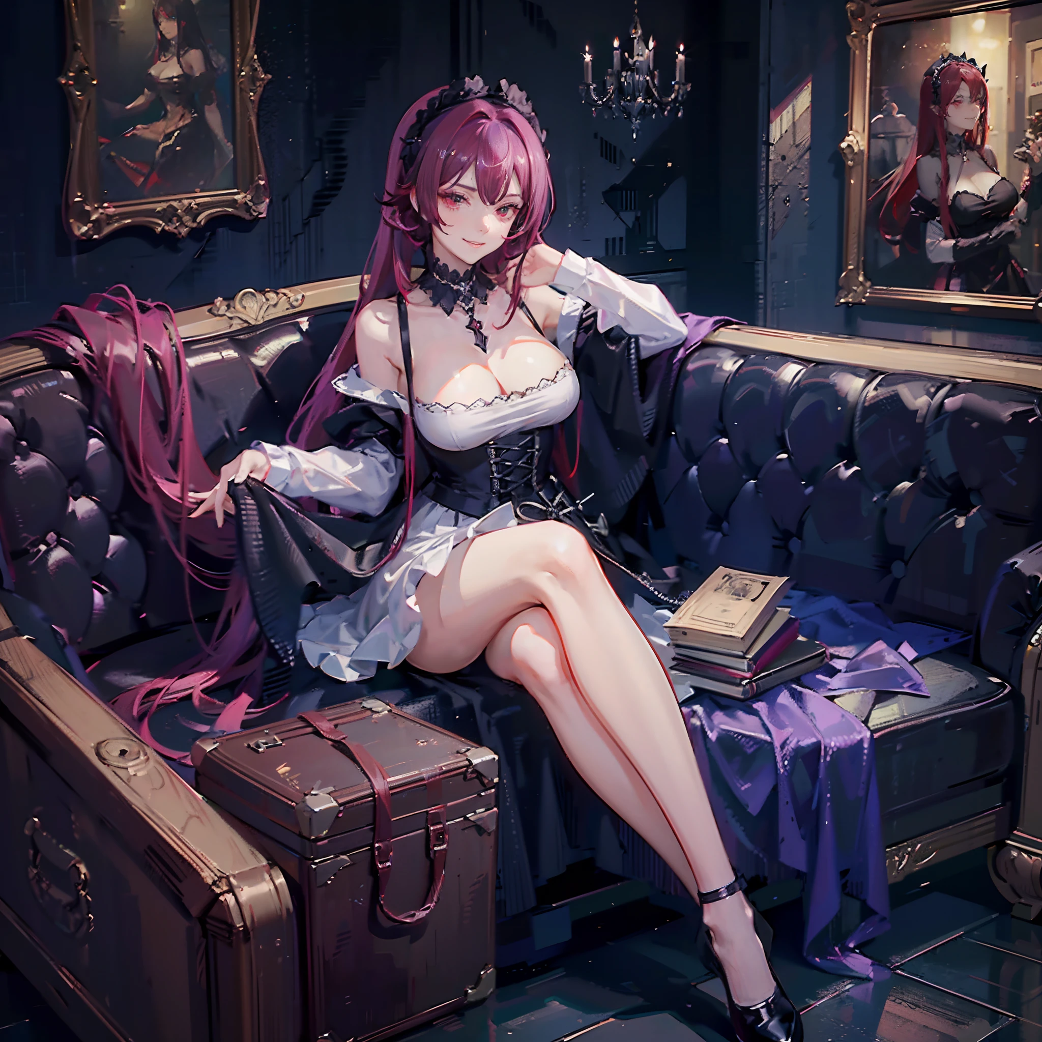 Best quality, 8k, 1 girl, solo, dark red violet hair, bright red eyes, large breasts, dark room, sitting, crossed_legs, smirk, (dim_lighting), grinning, gorgeous girl, tempting figure, short ponytail, long hair, wide V-neck, elegant gothic dress, black maid headwear, gorgeous legwear, (perfect_anatomy)