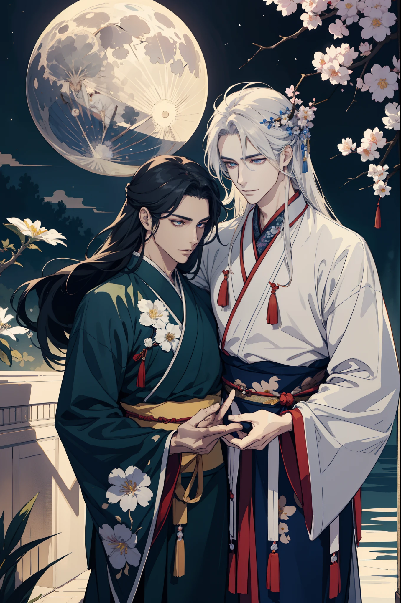 Two men...., Attractive, Lovers, finely detailed eyes and detailed face, long-haired, Fantasy, Spectacular background, Flapping flowers, moon light, Wear traditional Hanfu, Fantasy