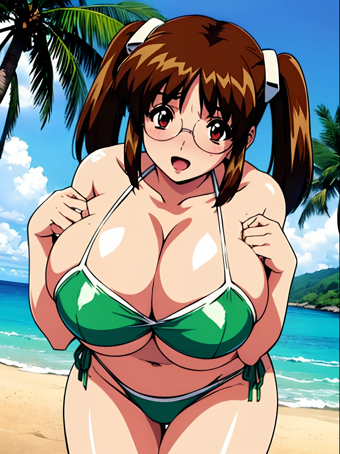 ((Best Quality, High resolution)),(NSFW:1.4),(90s anime style)、((Anime cel drawing style)), (Manga style),First_Snow Light, 1girl in,Red eyes、Twin-tailed、Brown hair、 (Large :1.2),(((huge-breasted:1.5))), (big areolae),Huge  ,(Green Strapless Bikini:1.4), (eye glass:1.2),Beautiful face, (nose blush:1.4), lightsmile, (Beach:1.5),tight top, (Large crowds:1.3)、Looking at Viewer、(cowboy  shot:1.2),Opening Mouth
