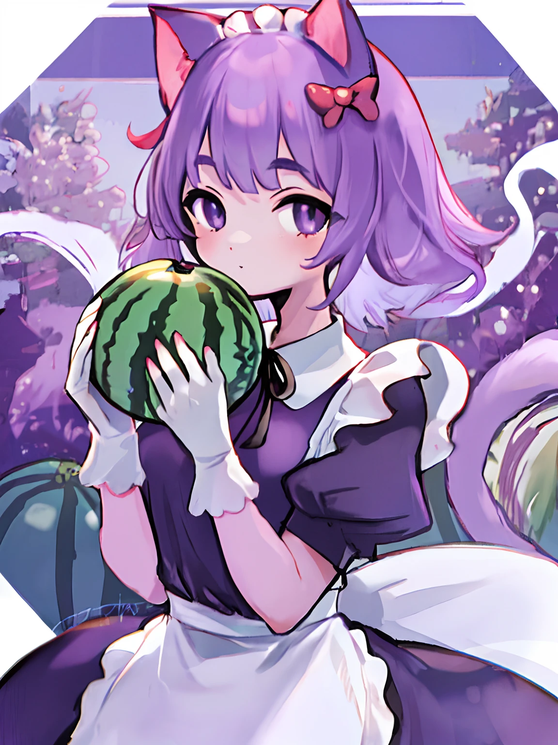 beautiful, masterpiece, best quality, masunya, cat ears, (purple skin color:1.1), maid dress, holding watermelonm highres 4k, intricately detailed