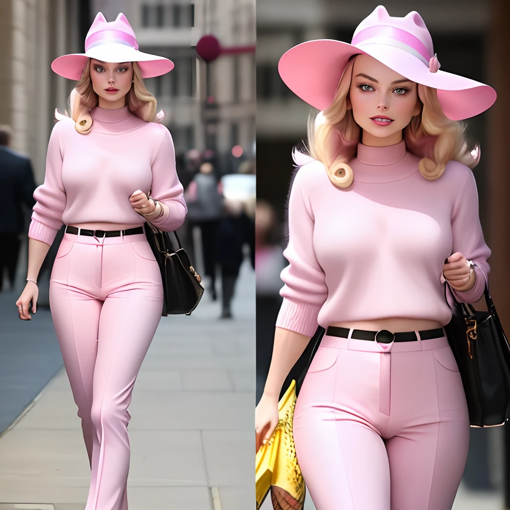 Margot Robbie wears an iridescent pink hat, un banana fushia autour du cou. A dark pink sweater and light pink pants.