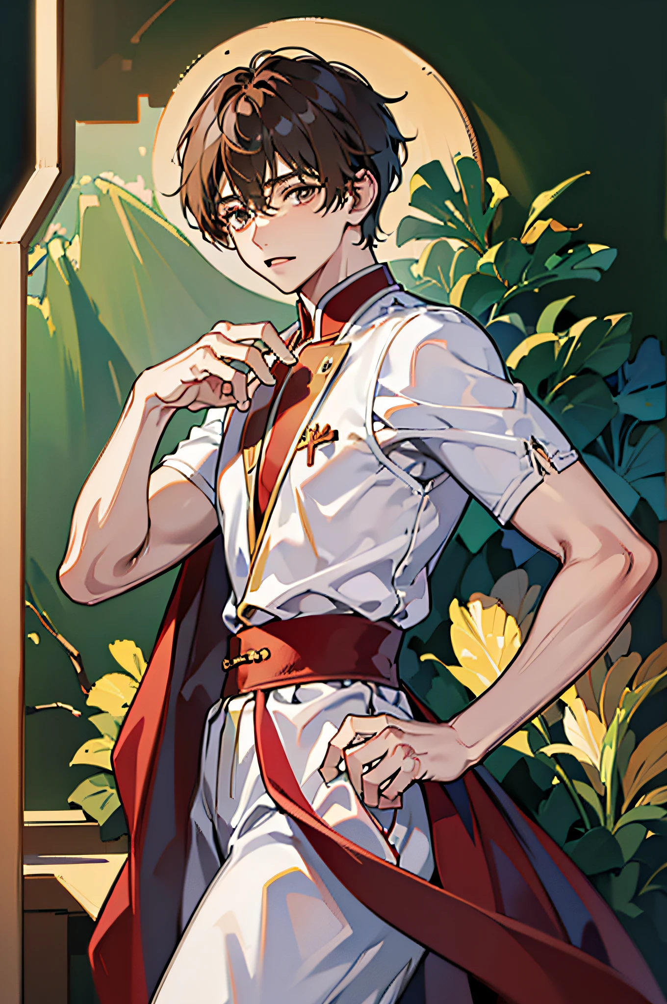 (in 8K、top-quality、​masterpiece:1.2)、1 boy、short-haired、Hair short、Brown-skinned、red view、