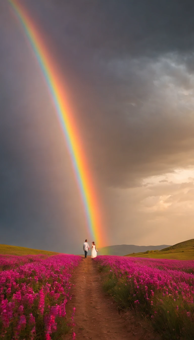 Uma foto de paisagem ampla (vista de baixo, The sky is above and the open field is below), Mother and daughter holding hands standing in a field of flowers looking up (lua cheia: 1,2), (meteoro: 0,9), (nebulosa: 1,3 ), montanhas distantes , Árvores BREAK Crafting Art, (Luz Quente: 1.2), (Vaga-lume: 1.2), Luzes, Muito Roxo e Laranja, Detalhes Intrincados, volumetric lighting BREAK (Obra-prima: 1.2), (Melhor Qualidade), 4k, Ultra Detalhado, (dynamic compositing: 1.4), Rico em Detalhes e Cor, (rainbow color: 1.2), (Brilho, Atmospheric Illumination), Sonhador, magica, (Solo: 1.2)