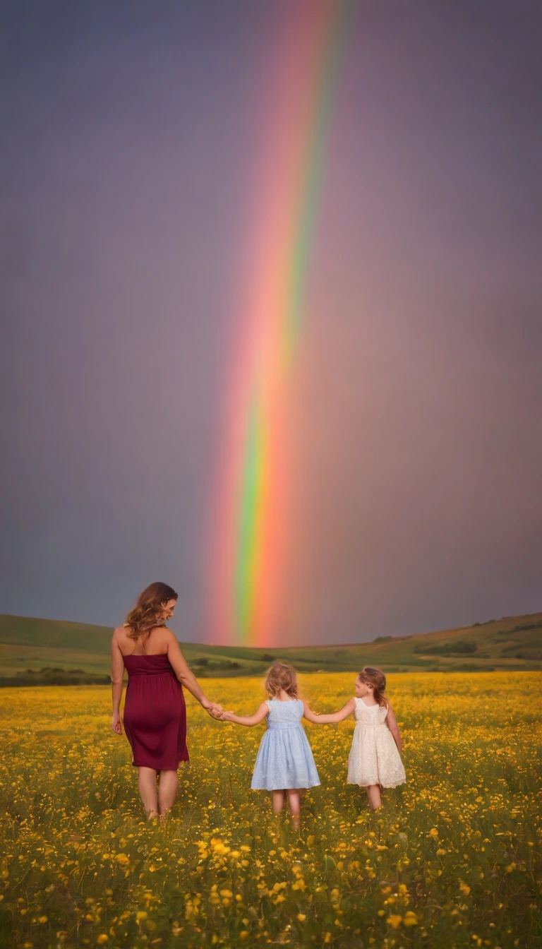 Uma foto de paisagem ampla (vista de baixo, The sky is above and the open field is below), Mother and daughter holding hands standing in a field of flowers looking up (lua cheia: 1,2), (meteoro: 0,9), (nebulosa: 1,3 ), montanhas distantes , Árvores BREAK Crafting Art, (Luz Quente: 1.2), (Vaga-lume: 1.2), Luzes, Muito Roxo e Laranja, Detalhes Intrincados, volumetric lighting BREAK (Obra-prima: 1.2), (Melhor Qualidade), 4k, Ultra Detalhado, (dynamic compositing: 1.4), Rico em Detalhes e Cor, (rainbow color: 1.2), (Brilho, Atmospheric Illumination), Sonhador, magica, (Solo: 1.2)