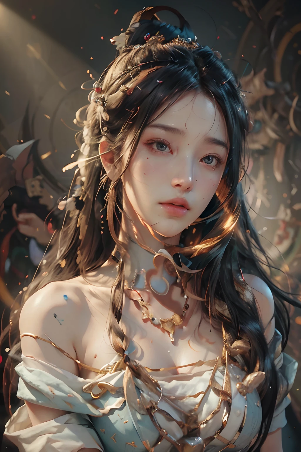 (RAW photo, best quality), (realistic, photo-realistic:1.3),best quality,highly detailed,masterpiece,ultra-detailed,illustration,1girl,upper_body,dynamic angle,world masterpiece theater,messy_long_hair,best quality,extremely detailed CG unity 8k wallpaper,ink,Amazing,cinematic lighting,lens_flare, dunhuang_style