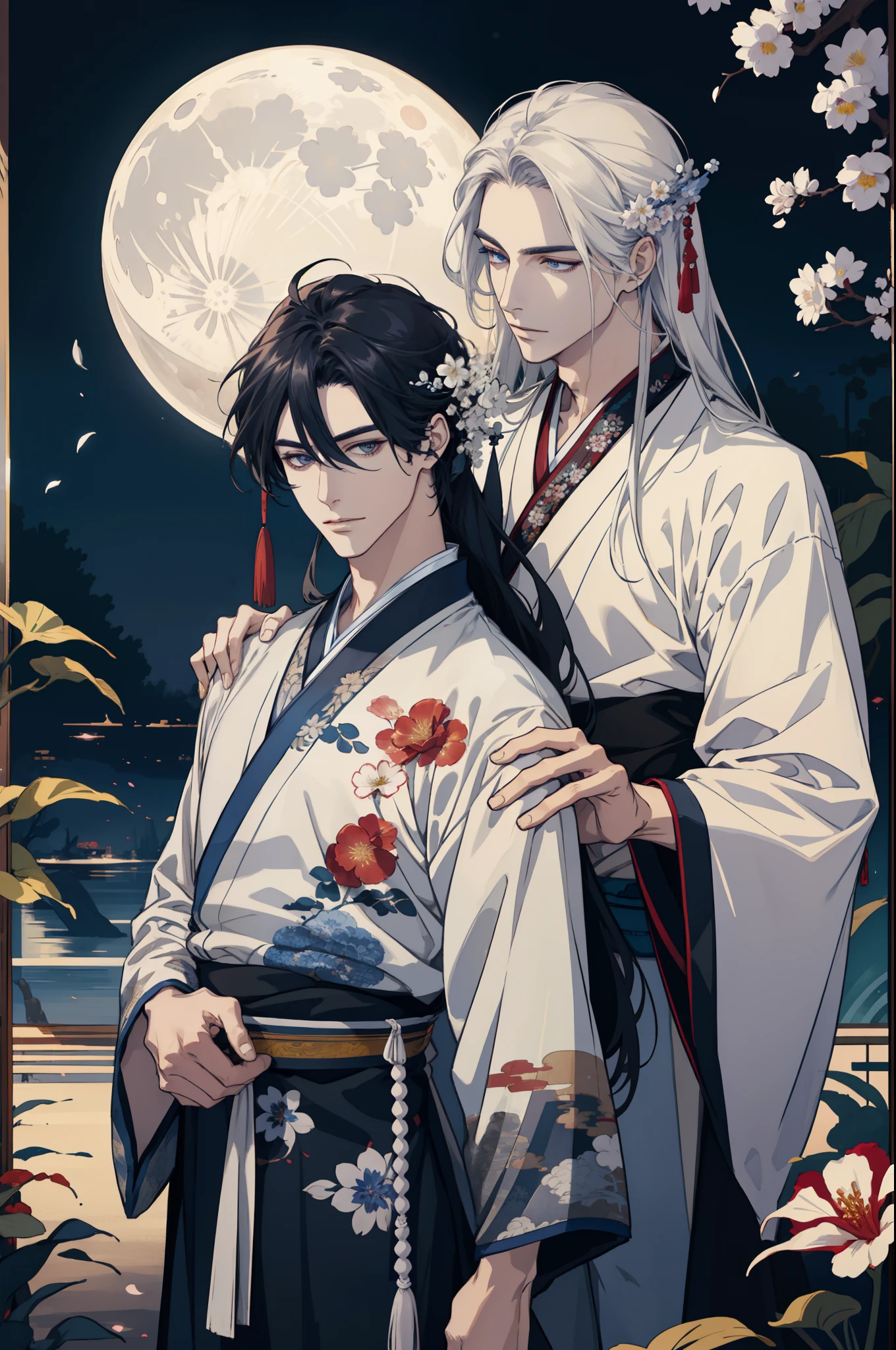 Two men...., Attractive, Lovers, finely detailed eyes and detailed face, long-haired, Fantasy, Spectacular background, Flapping flowers, moon light, Wear traditional Hanfu, Fantasy