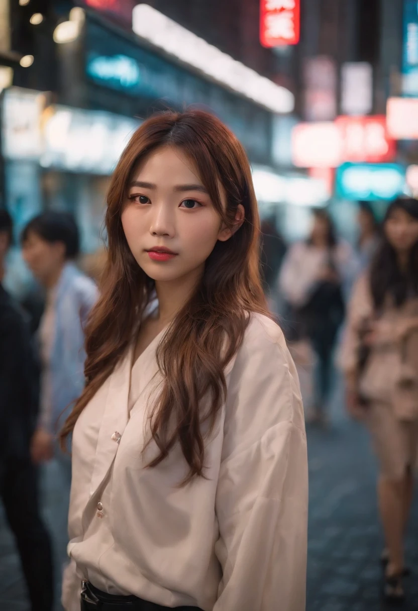 japnese girl, street fashion, in downtown shinjuku, glowing neon light in background, night time, real woman, 85mm len, full body image.