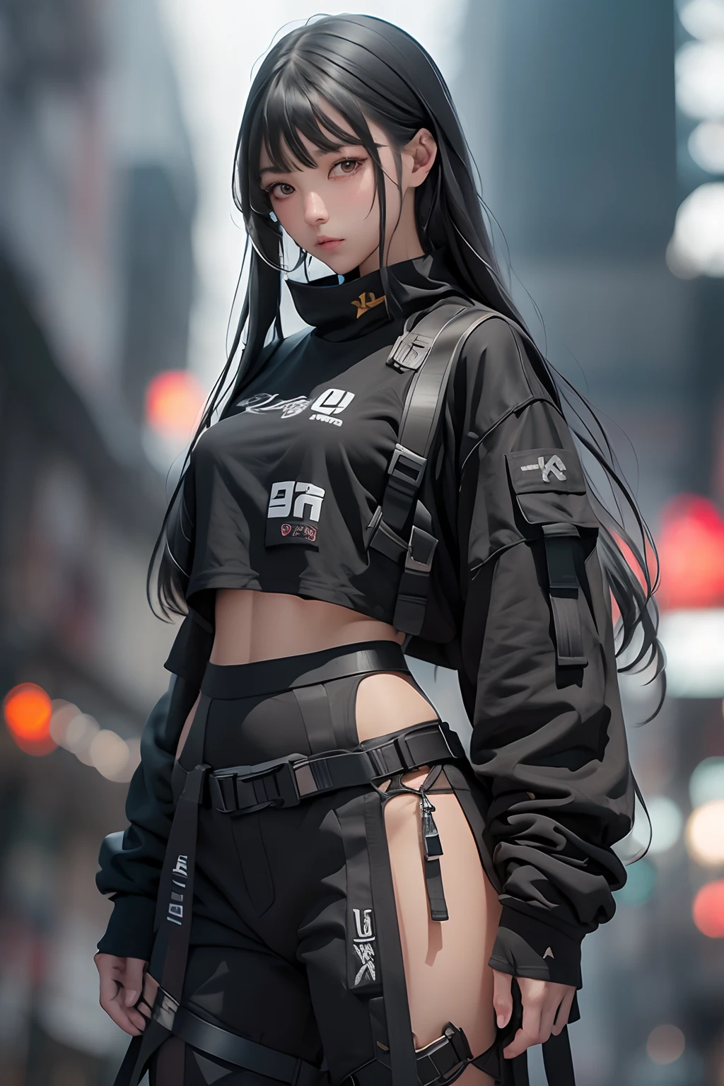 (masterpiece), best quality,1girl, black eyes, long hair, black hair, urban techwear, outfit, blurry background, eye focus, finger on lip, cowboy shot, huge city background, dramatic light, cinematic light, RAW photo, 8k, higly detailed, Photograph.