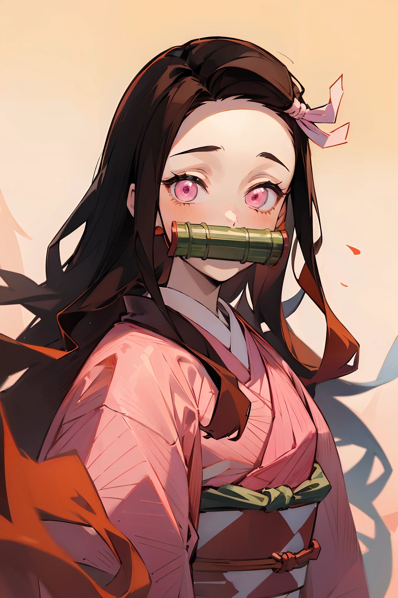 One girl, bamboo, bit gag, Black Hair, Checkerboard, Checkerboard heart, clavicle, amount, gag, gagged, Gradient Hair, hair ribbon, Haori, kimono, Kamado Nezuko, kimono, Long Hair, View your viewers, Hold your mouth, multicoloRedhead, heart, Open clothes, Pink Eyes, pink kimono, pink ribbon, Redhead, ribbon, sash, alone, very Long Hair